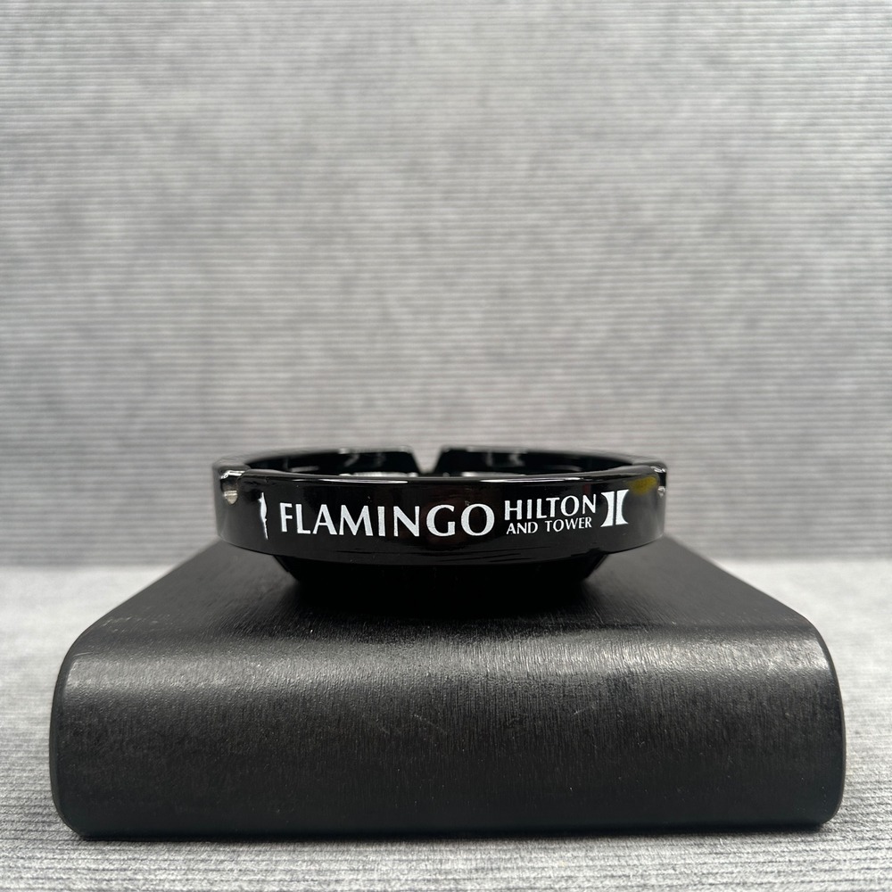 Vintage Flamingo Hilton and Tower Las Vegas Black Glass Ashtray Casino Souvenir